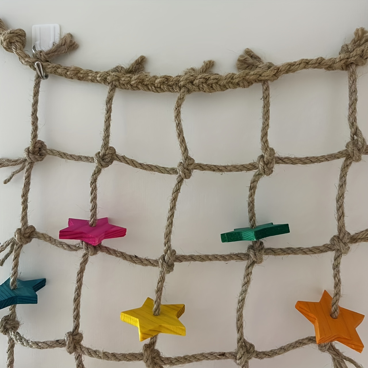 Durable Multi-Functional Hemp Rope 1pc Bird Climbing Net - with Colorful Star Cutouts and Chewing Toys for Climbing, Perching, and Foraging - Ideal for Squirrels, Honey Gliders, Parrot Play Gym, Cage Accessory and Bird Toy