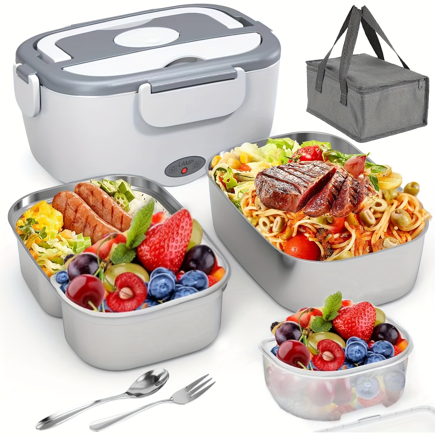 

Electric Lunch Box - Portable Fast Heating Lunch Box (12v/24v/110v) Stainless Steel Container Adult Food Warmer With 1 Food Tray - Suitable For Cars, Trucks, Offices And Outdoors (white)