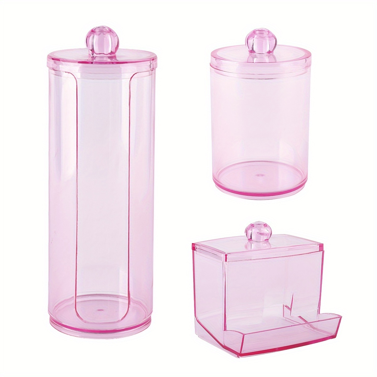 Image of 3pcs Qtip Holder Dispenser Clear Pink Plastic Apothecary Jar Containers Bathroom Accessories Set Storage Box Organizer For Storage Swab, Ball, Pads, Floss, Canisters