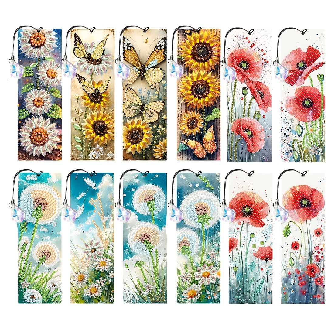 TEMU Un ensemble de 12 marque-pages de peinture diamant florale avec des que des tournesols, des , des pissenlits et des papillons. Ces marque-pages