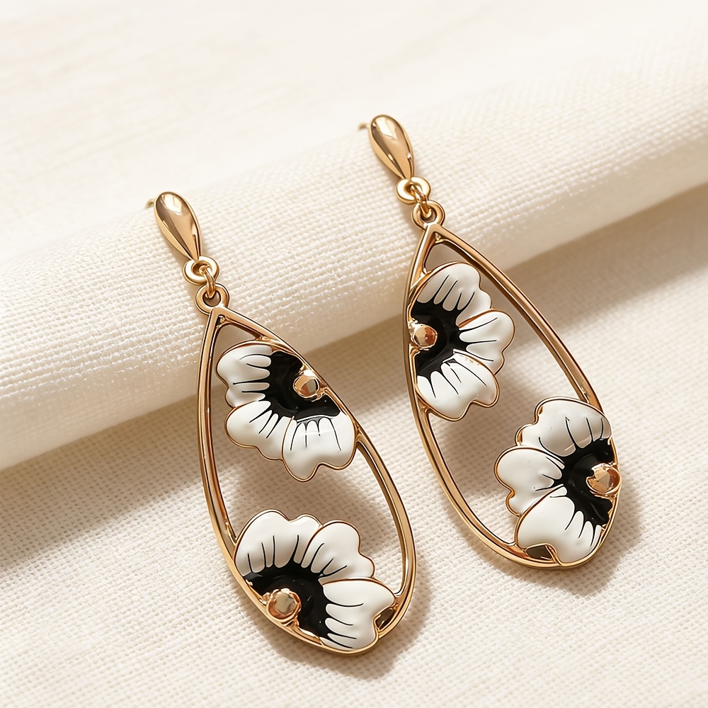 TEMU Boucles d'oreilles pendantes à fleur en émail, Boucles d'oreilles pour femme, Bijoux de fête de mariage
