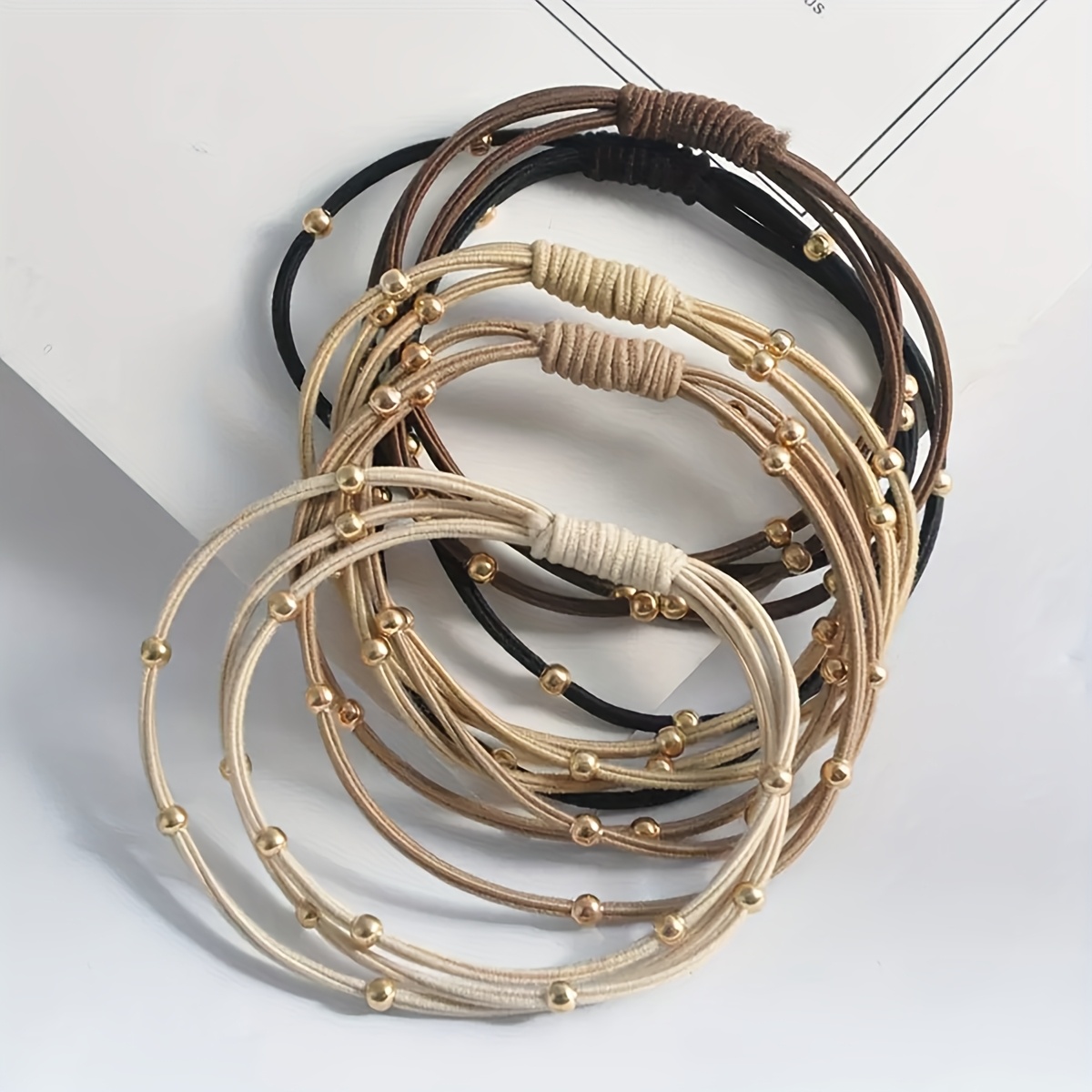 5pcs Bohemian Style Golden Bead Hair Ties, High-Elasticity