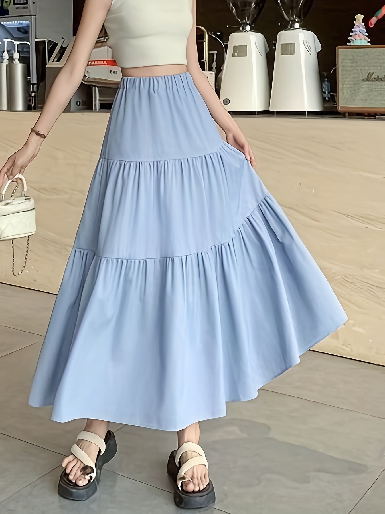 【新品】 dium.／layered design straight skirt solid color high waisted midi skirt a long layered design