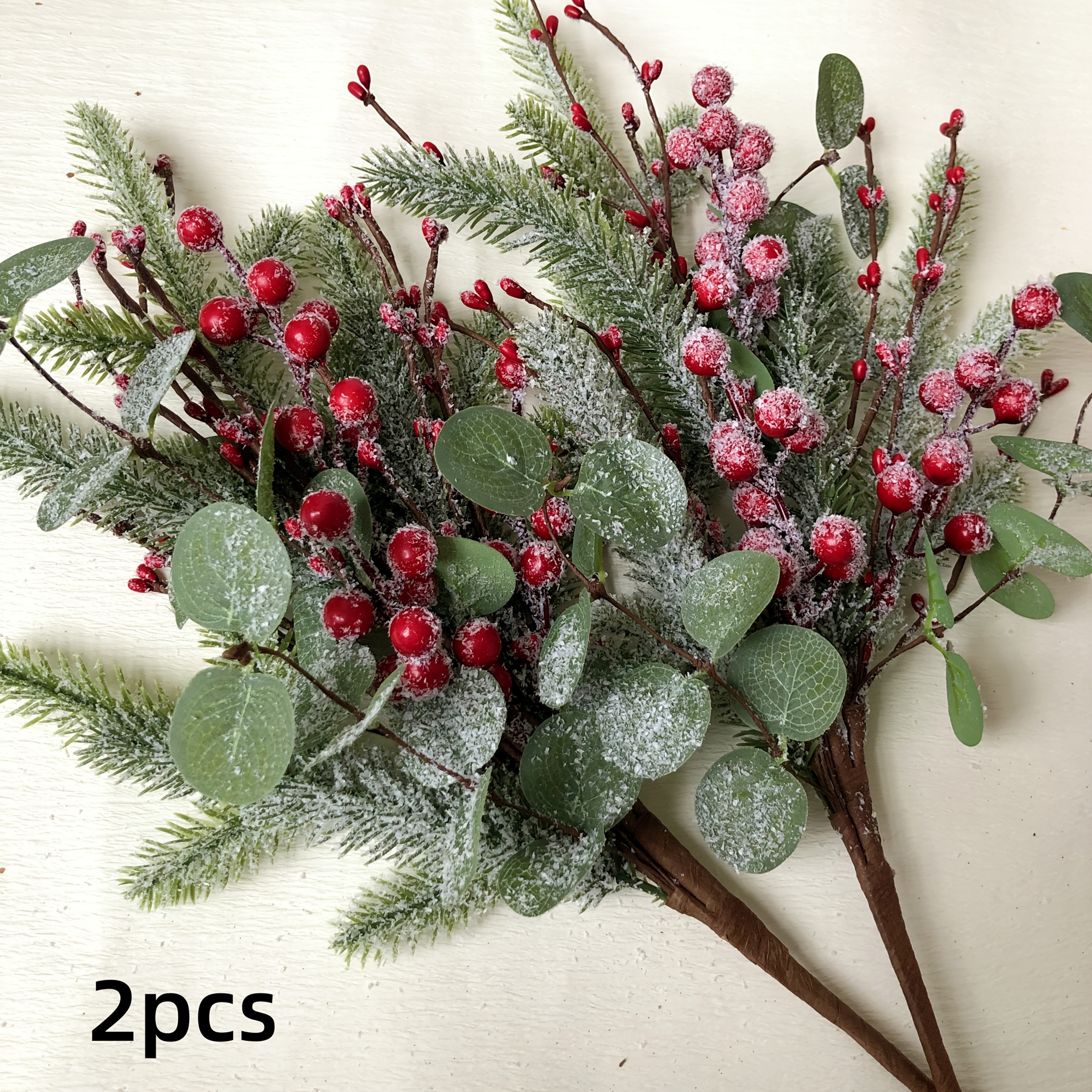 TEMU Winter Christmas Artificial Flowers, Set Of 2, 60 Cm Long, Featuring , Red Berries, Winter Holly, Pine Needles, Eucalyptus Stems, Handcrafted