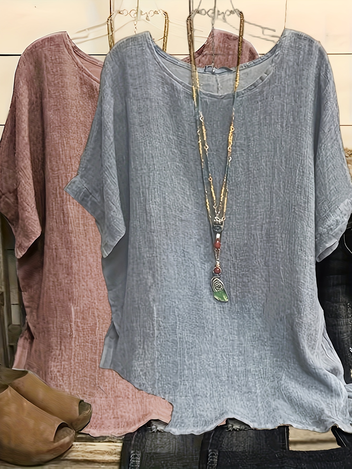 item picture plus size 2pcs plus size womens solid casual short sleeve tops comfortable breathable soft for daily wear