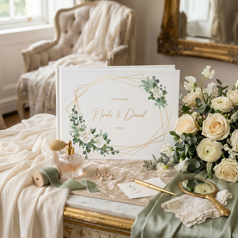 TEMU 'or de mariage personnalisé avec couverture dorée en - du couple et date personnalisés - Élégante couverture rigide florale adaptée pour ,