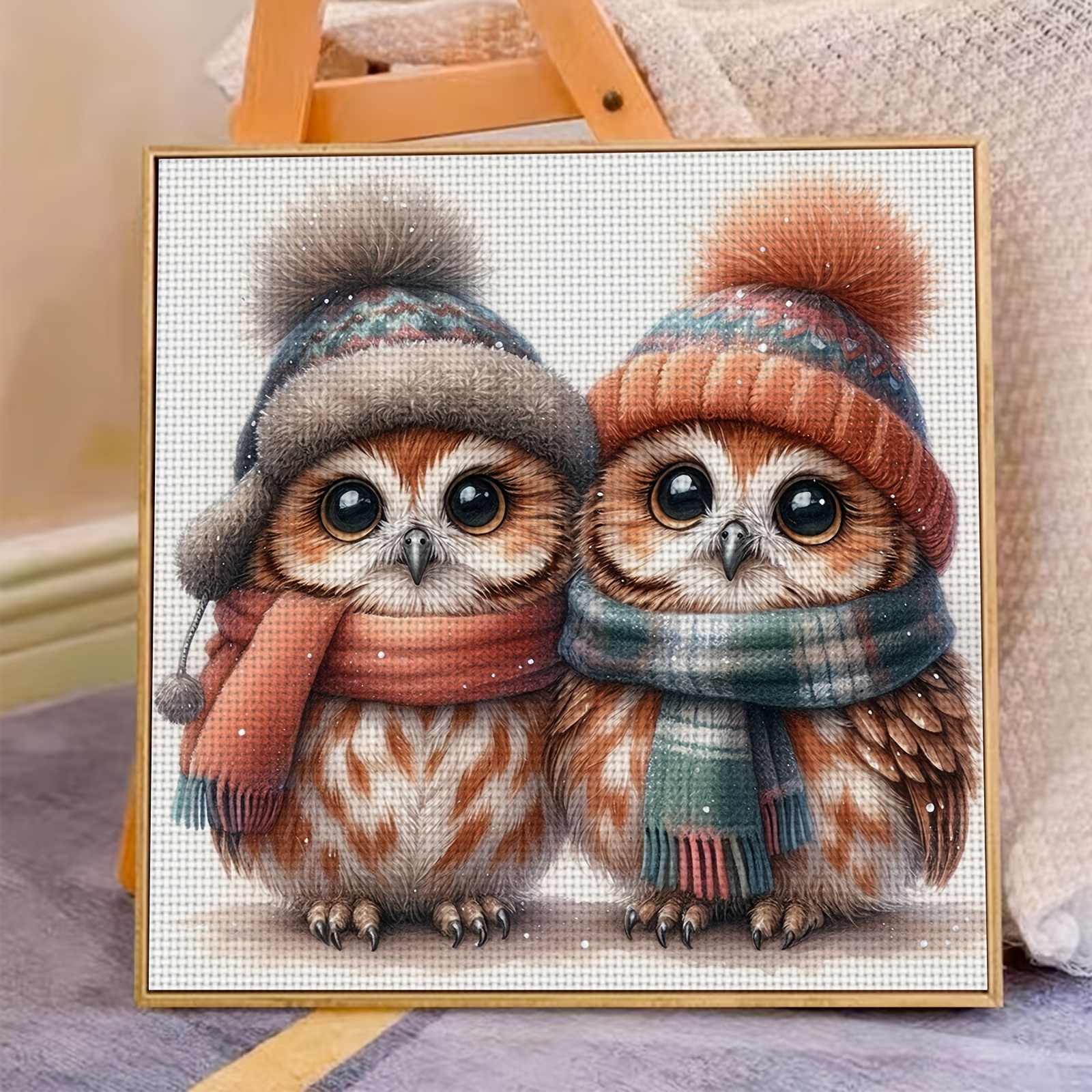 Complete Cross Stitch & Embroidery Kit, Cute Two Owls with Scarves