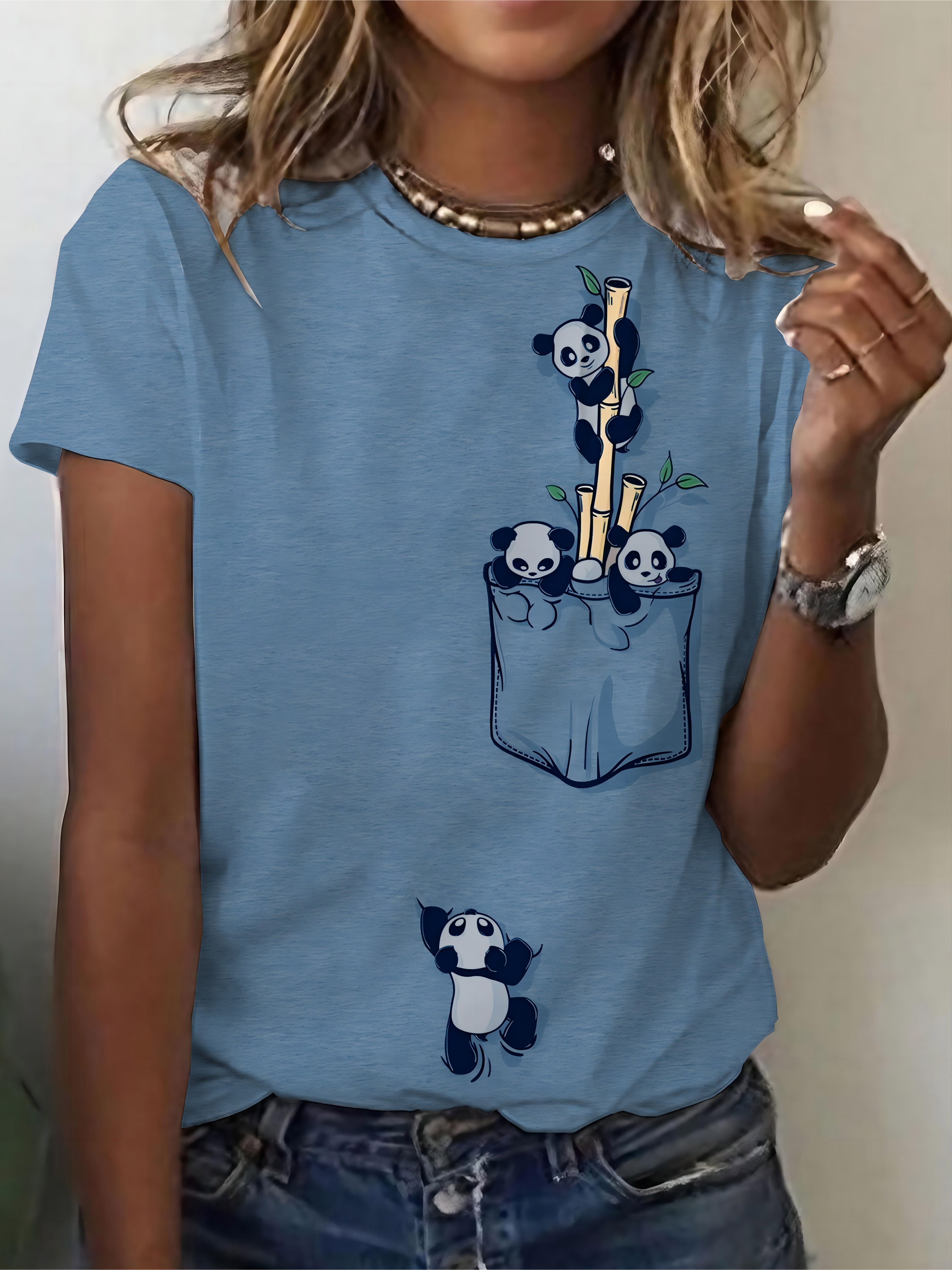 Women's Casual Elegant Panda Print Crew Neck T-Shirt - Short Sleeve Bamboo Graphic Tee, Soft Breathable Fabric, Machine Washable, Spring Summer Top, Panda Gifts, Casual Attire Shirt, Durable Print Shirt