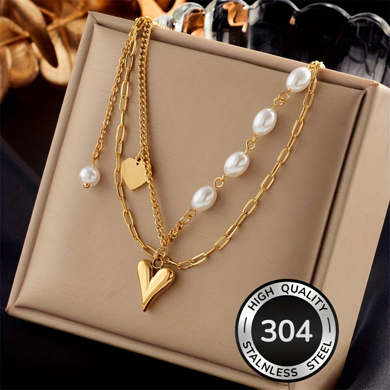 E-shop Damen-Schmuck Mode Kreative Halskette Doppellagig mit Liebes-Anhänger, eingelegt mit 304 Edelstahl-Kette
