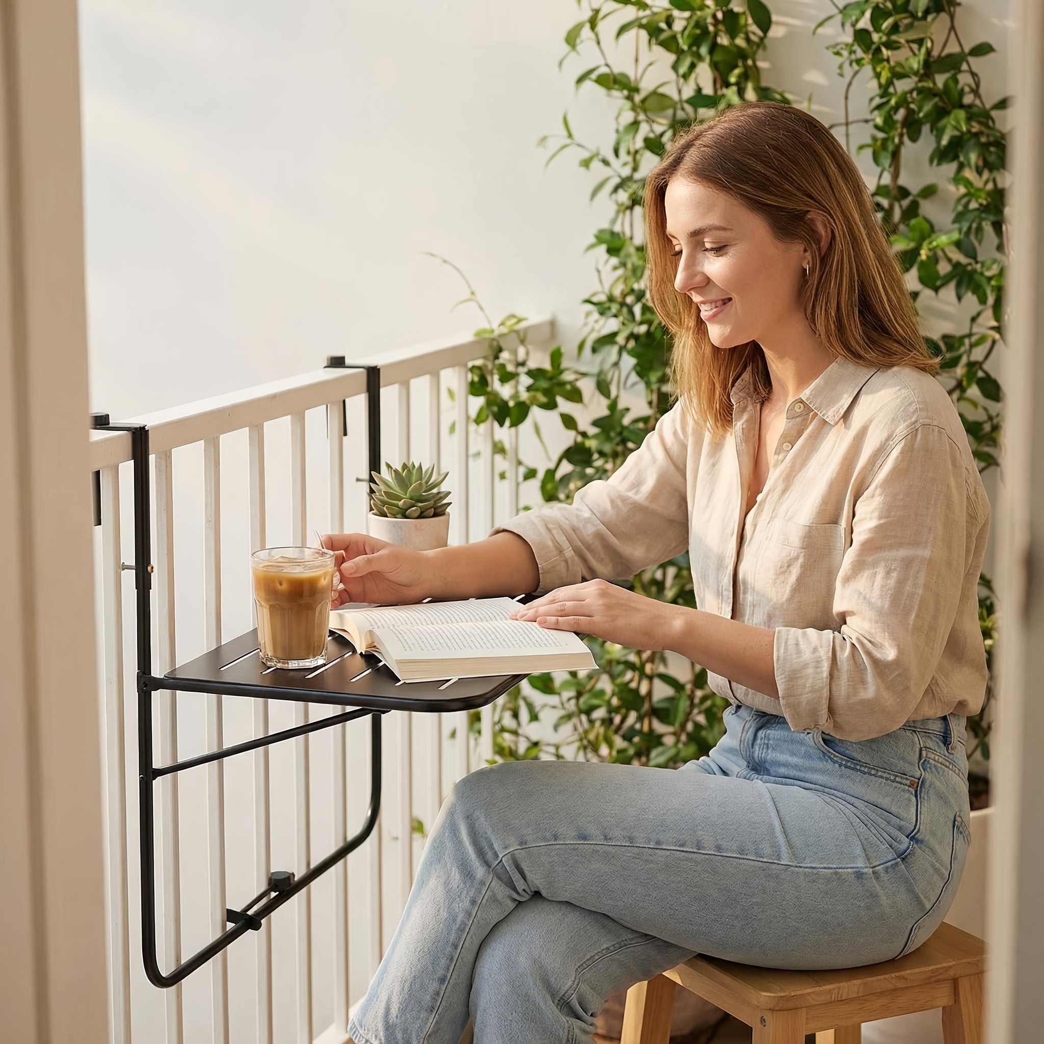 Balcony Railing Table, Outdoor Folding Hanging Table with Adjustable Heights, Heavy Duty Metal Hanging Bar Table for Patio, Garden and Deck