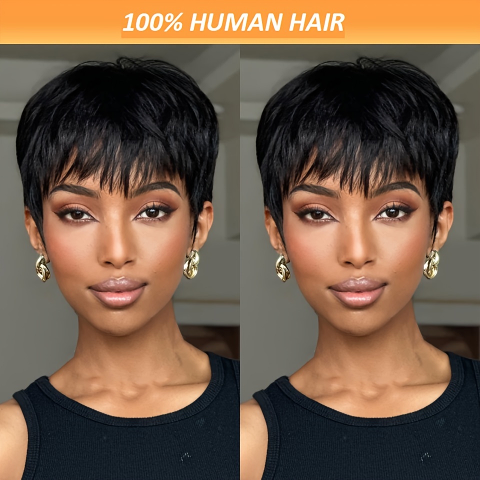 

6 Inch Short Cut Wigs Human Hair With Bangs Glueless Layered Human Hair Wigs 180% Density Brazilian Human Hair Wigs Full Machine Made Black 1b Color For Women