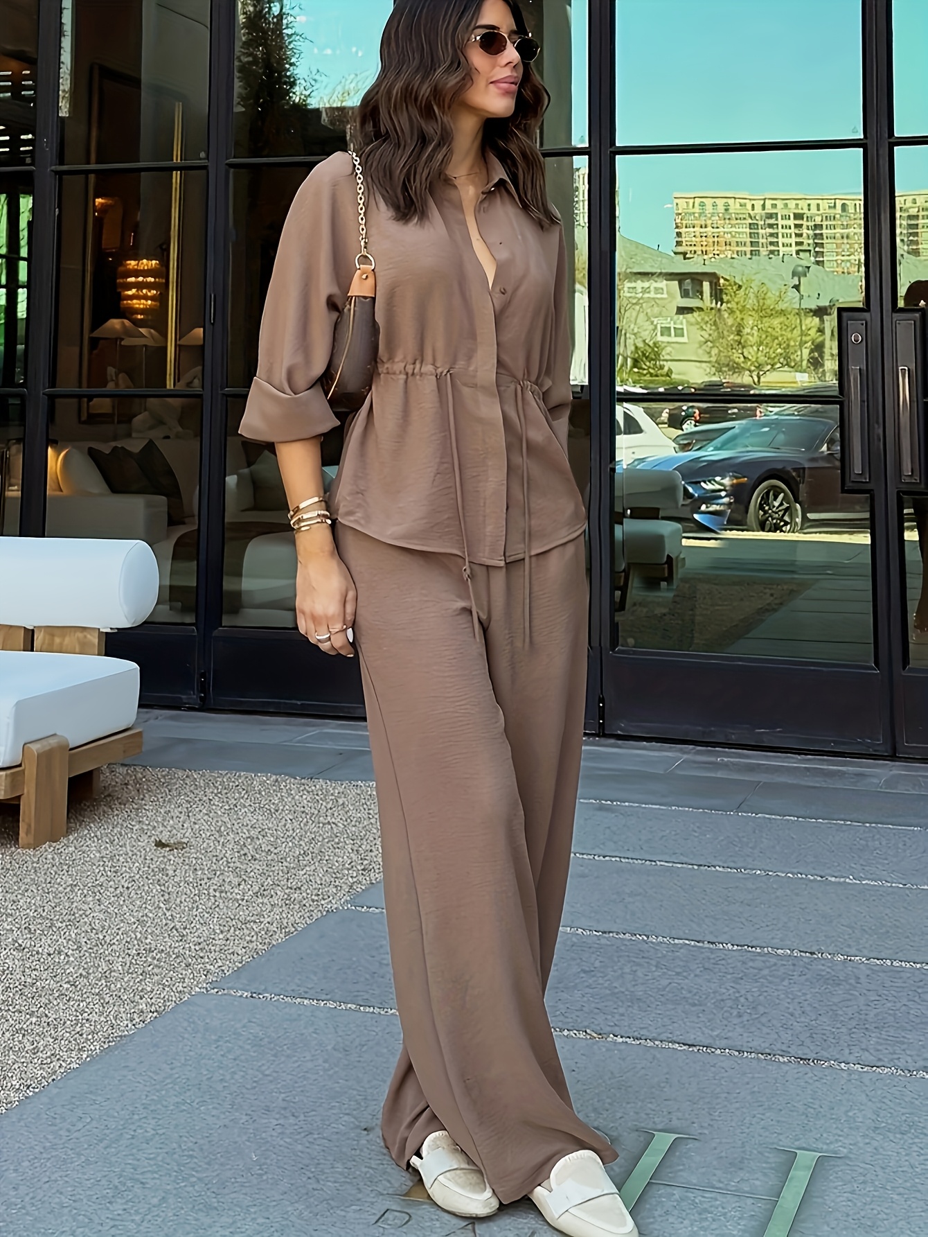 womens solid color long sleeve lapel drawstring casual loose top elastic waist wide leg pants
