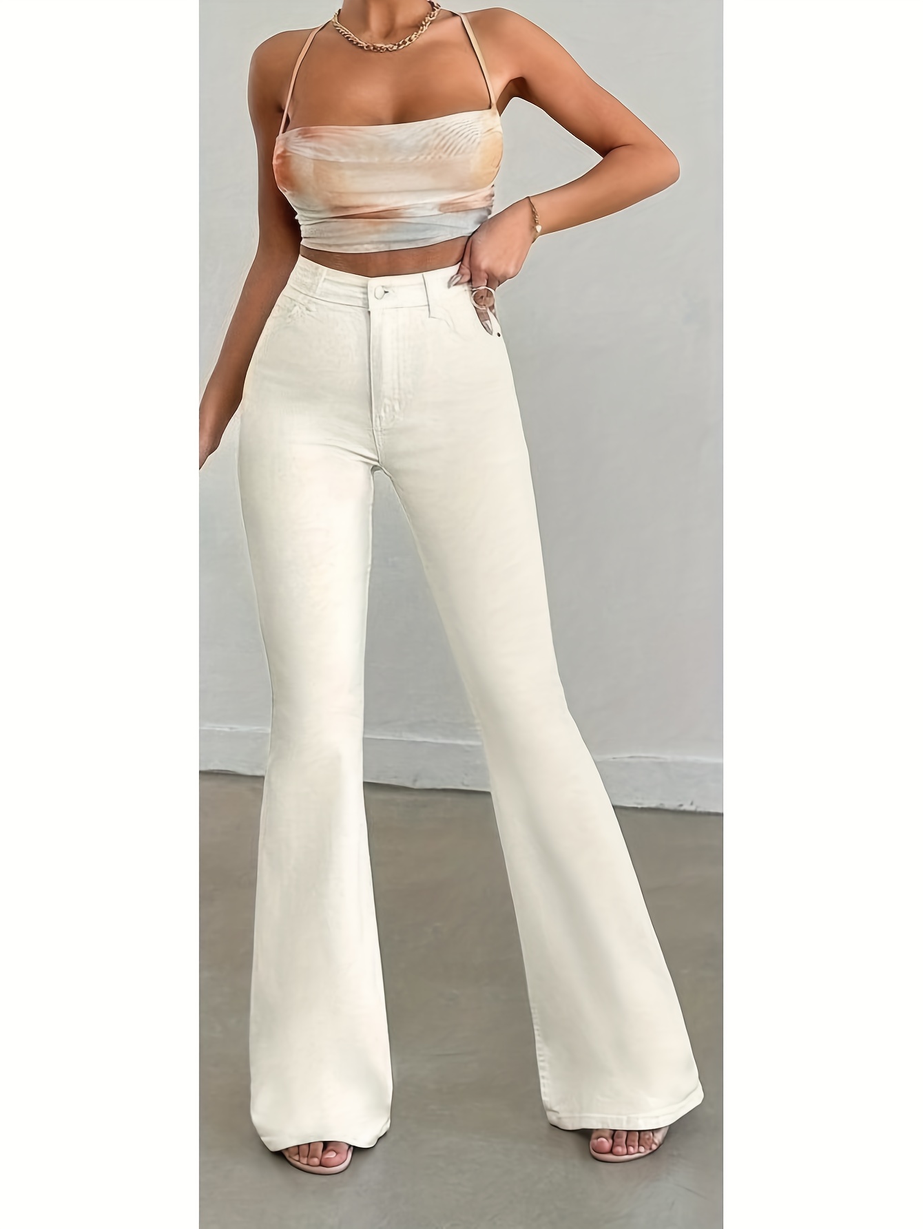 women's high-waisted -fit white wide-leg bell-bottom jeans