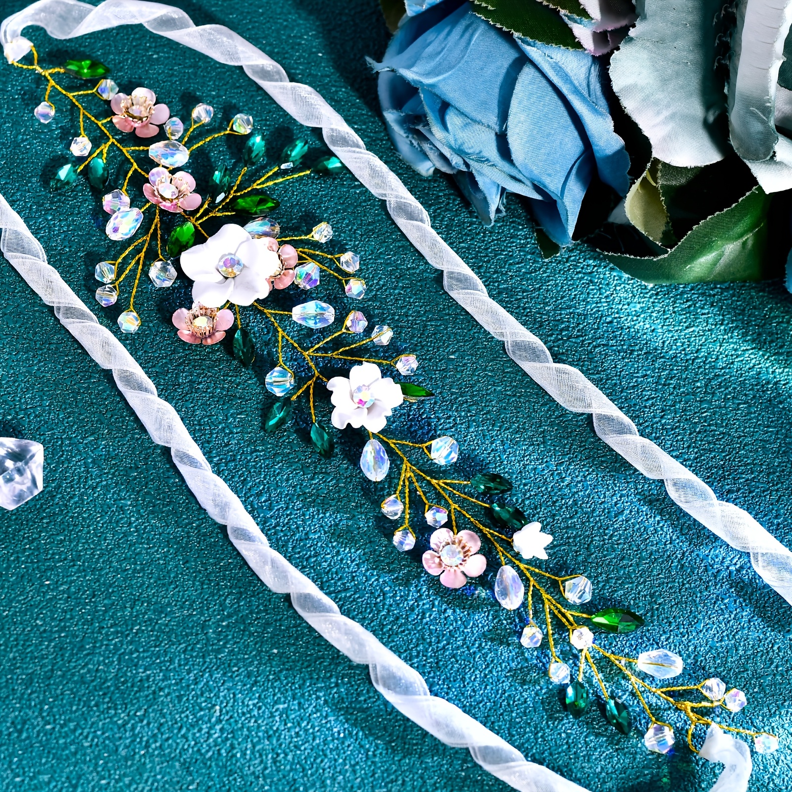 elegant green floral belt women handcrafted blue - Temu  display picture 3