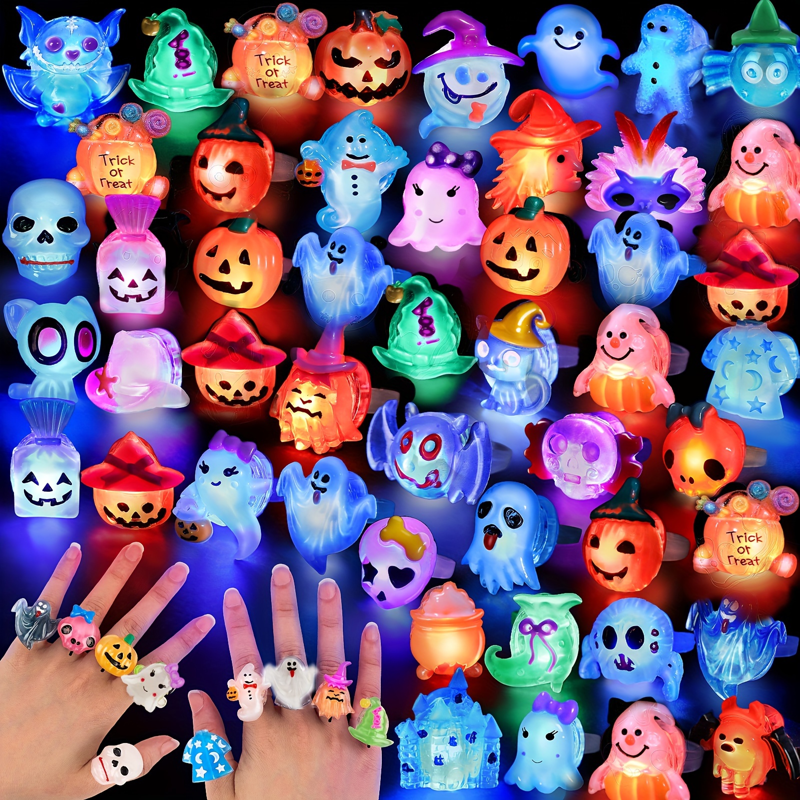 

50pcs Led Light-up Rings For Halloween & Christmas - Reusable, Adjustable Size, 3d Flashing Designs - Perfect Trick Or Treat Bags & Party Favors, Stocking Stuffers, Toy Glow