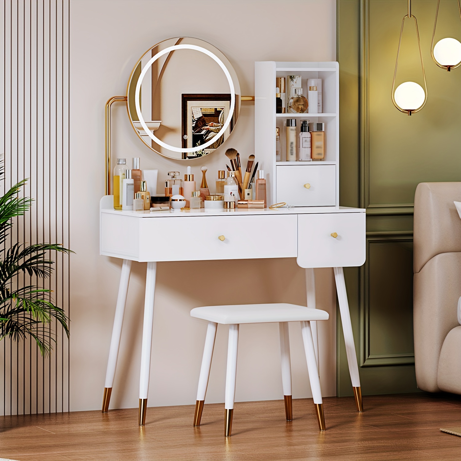 

Vanity Desk 35"w, Make Vanity Set Mirror, Dressing Table With 3 Sliding Drawers, Modern Bedroom Makeup Table And Cushioned Stool Set For Women Girls