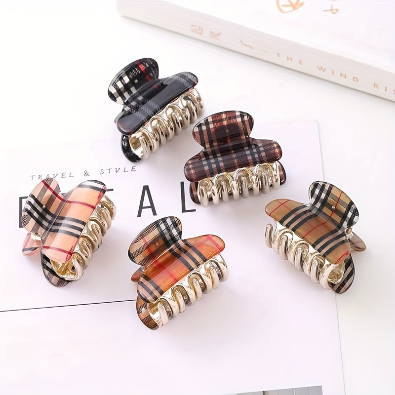

Minimalist Acrylic Hair Claw Clips – Oval Shaped Non-slip Grip Hair Accessories, Plaid Print For Women And Teens, Suitable For All Hair Types, Single Pack