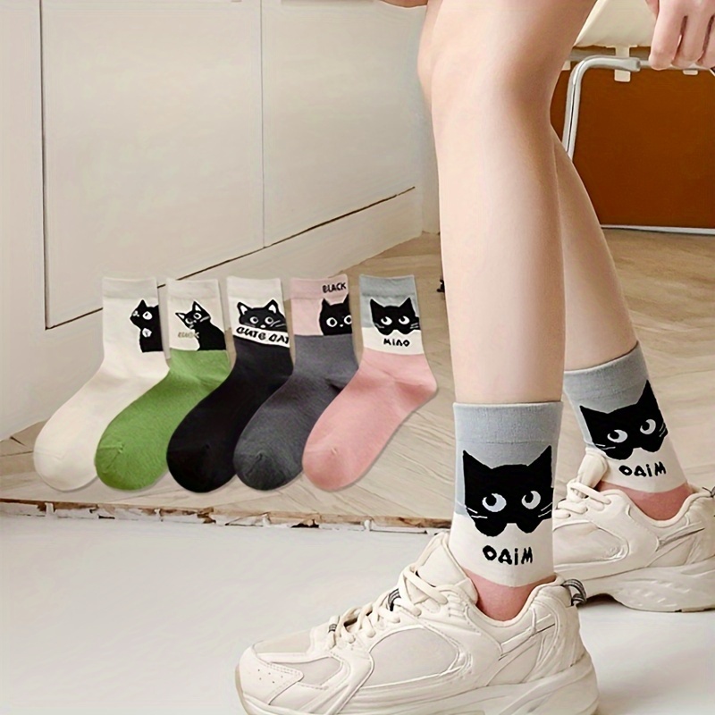 

5 Pairs Cartoon Cat Socks, Cute College Style Mid Tube Socks, Women's Stockings & Hosiery