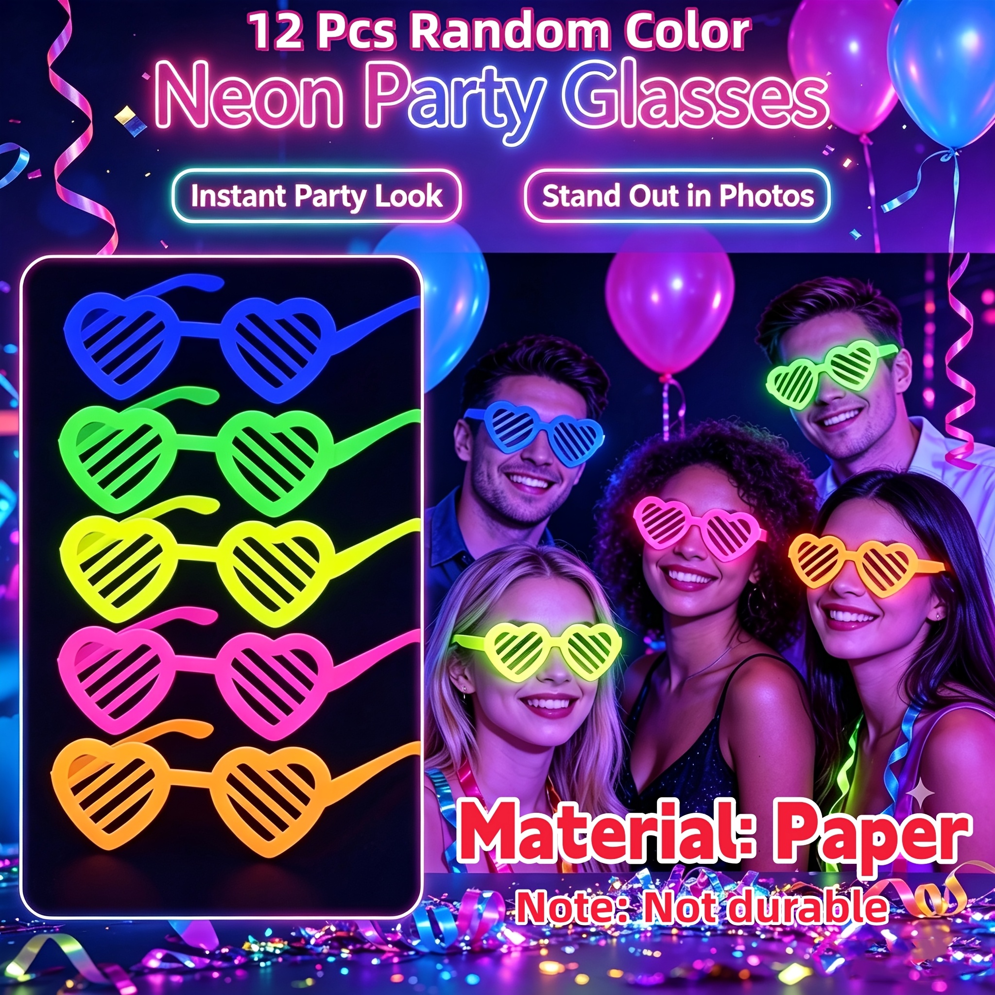 TEMU Lot de 12 lunettes en papier phosphorescent, couleur aléatoire, décoration de lunettes pour fournitures de fête fluo, convient pour accessoires