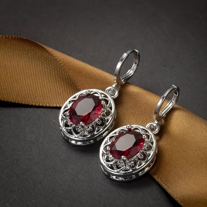TEMU Daily Wear S925 Silver Bohemian Minimalist Hoop Earrings With Red Zirconia Decoration