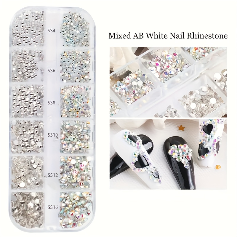 12-Slot Nail Art Decoration Kit, Acrylic 3D Mixed AB White Nail Rhinestones, Flatback Transparent Nail Rhinestones, Assorted Sizes, Odorless, Nail Decoration Set