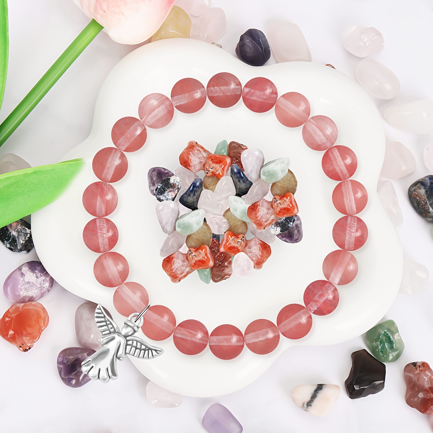 Natural Stone Bead Bracelet with Angel Charm Pendant