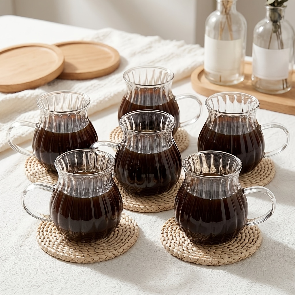 TEMU 2pcs/4pcs/6pcs Latte Cups, 220ml Glasses For Coffee Or Tea, Glass, , Cups Bringing , Glass Coffee Cups, Striped , Suitable For Home Baristas,