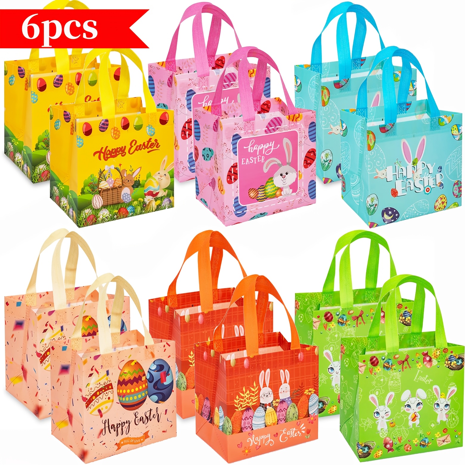 Image of 6/12pcs Easter Gift Bags | Easter Baskets With Handle, Reusable Non-woven Tote Bags For Easter Holiday Spring Party Supplies, Size 7.9x5.9x7.9 Inch