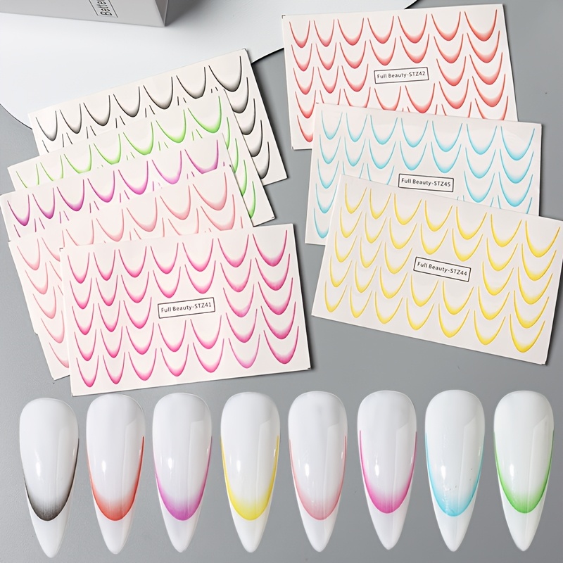 8pcs Gradient Color Nail Stickers Colorful Stripes Curved Water Decals Nail Art French Manicure Tips Foils Art Additions