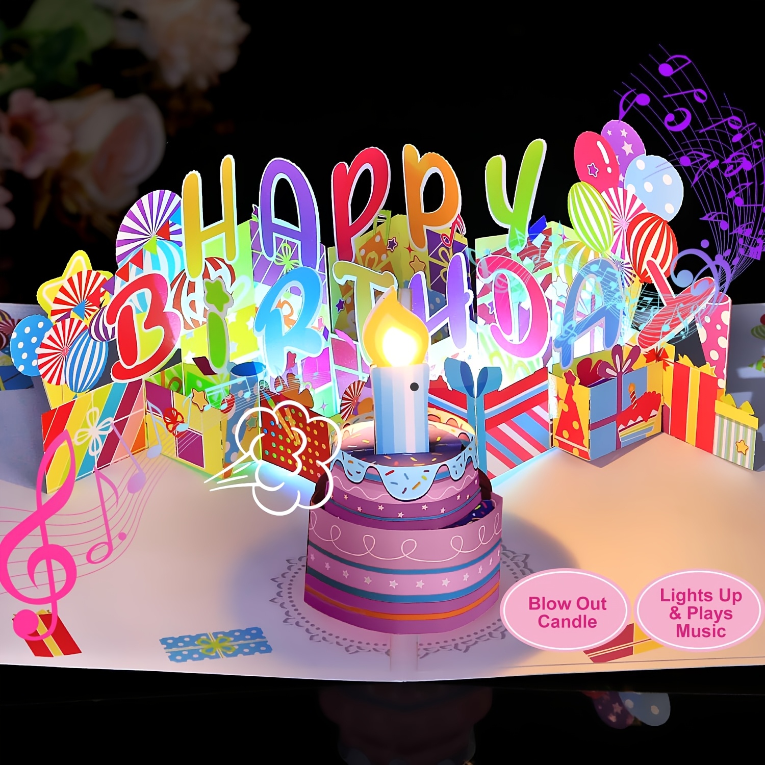 Happy Birthday Music Box Card with Interactive Candle - Blow Out & Lights Up Surprise Gift, Colorful Party Decorations,   Battery,   Birthdays & Celebrations, Celebration Accessory,   Design, Interactive Candle Feature
