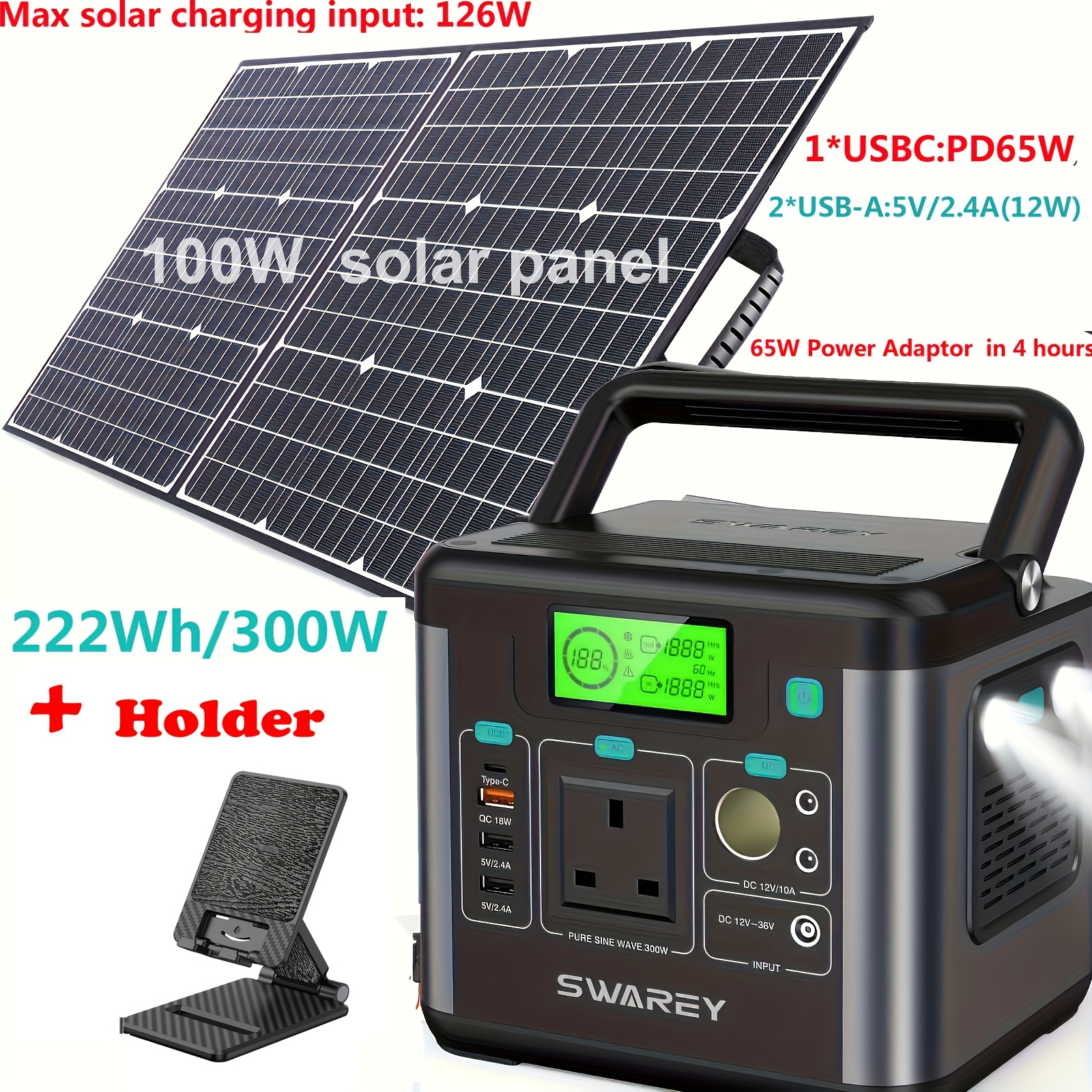 TEMU Swarey Portable Power Station With 100w Solar Panel, Power Bank 222wh Lithium Battery Solar Generator With 300w Ac Outlet, Usb-c Pd 65w, Power