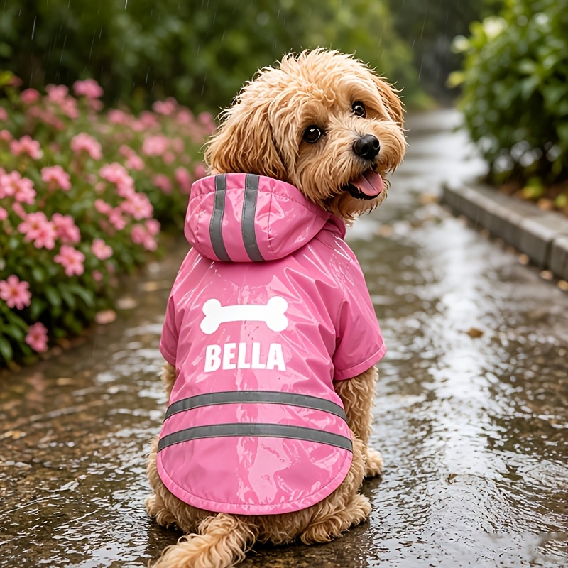 TEMU Personalized Custom Pet Pu Raincoat, Customizable With , Hooded Reflective Jacket, Lightweight Windproof And Breathable, Ideal For Medium And