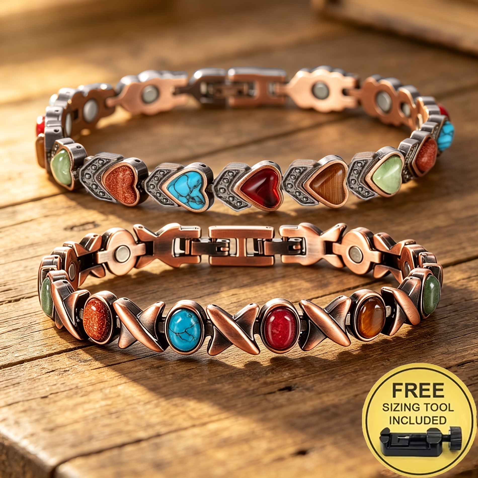 TEMU Two-pack Vintage Copper-colored Heart And X-shaped Inlaid Magnetic Bracelet, Ethnic Bohemian Style, For Daily Wear And Joint, Great Gift For