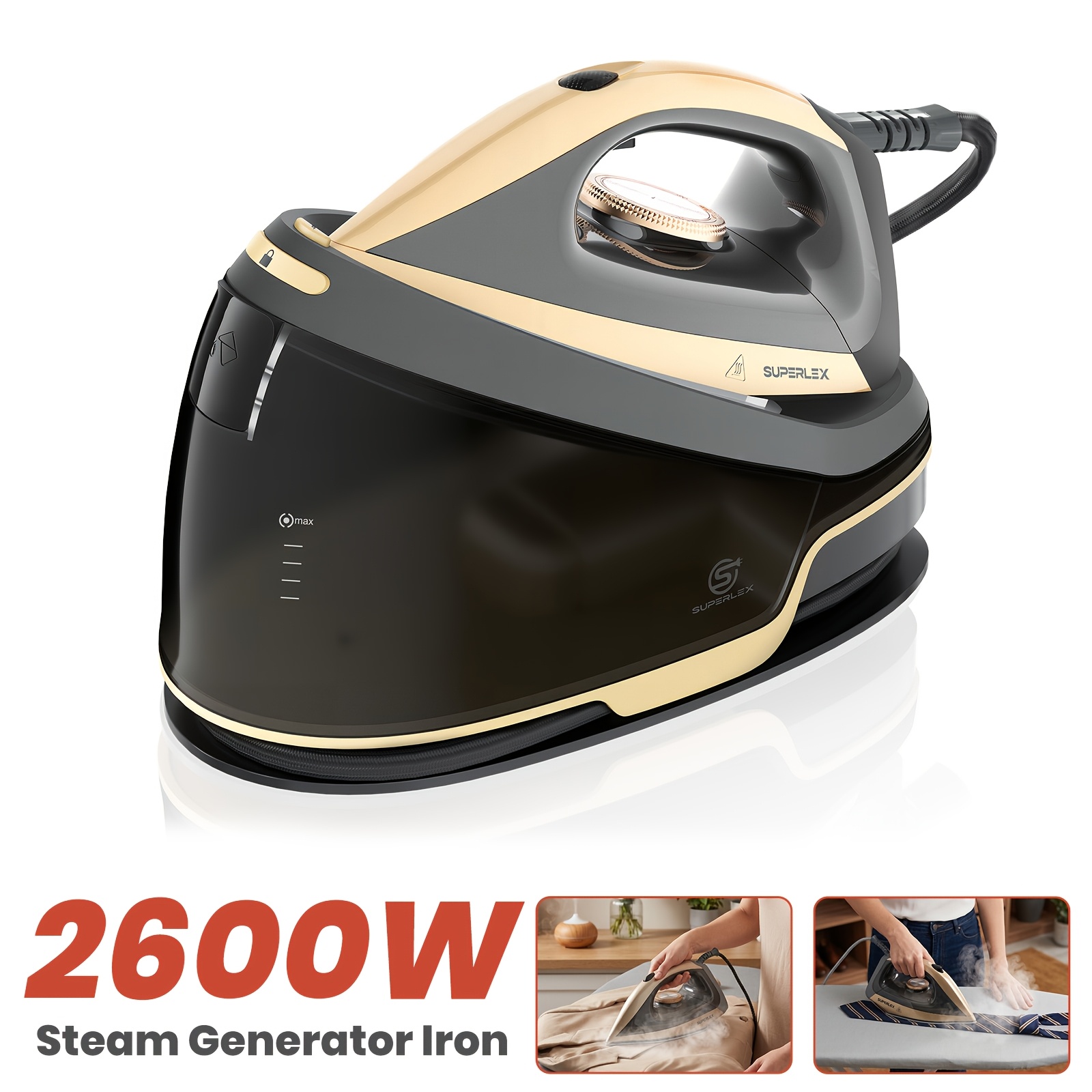 TEMU Superlex Iron With 2.5l Large Detachable Water Tank, 2600w Steam Iron For High Steam Output, 7in 1 Function Safe For Multiple Fabrics, Compact