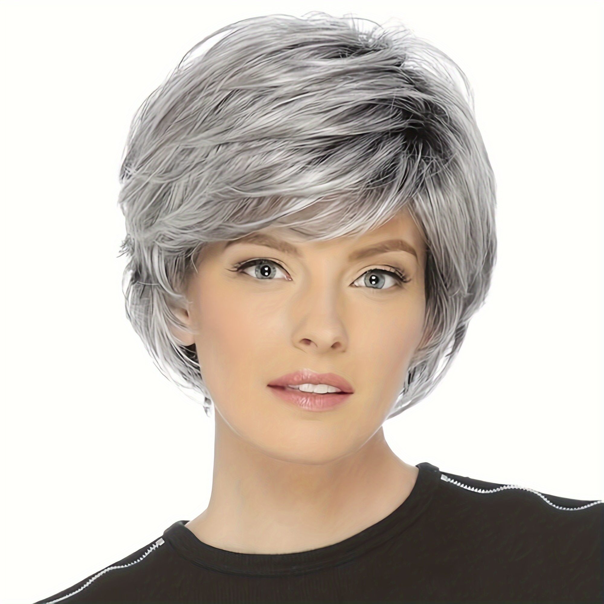 Pixie Silvery Grey Short Straight Bob Synthetic Synthetic Temu