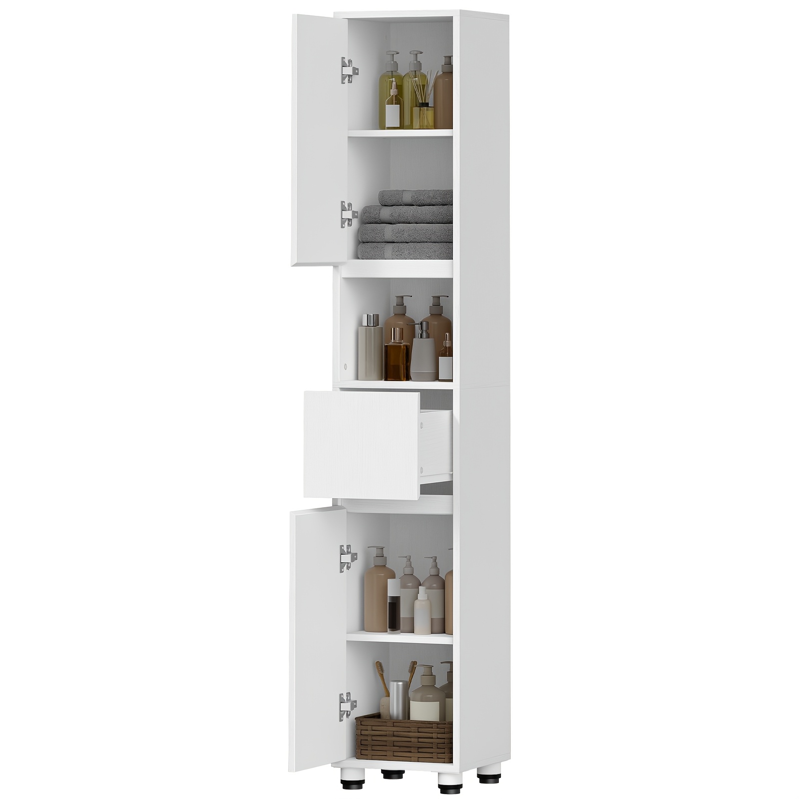 Image of White Tall Bathroom Vanity With Doors And Drawers; Narrow Floor-standing Storage Unit Suitable For Bathrooms, Kitchens, And Living Rooms.