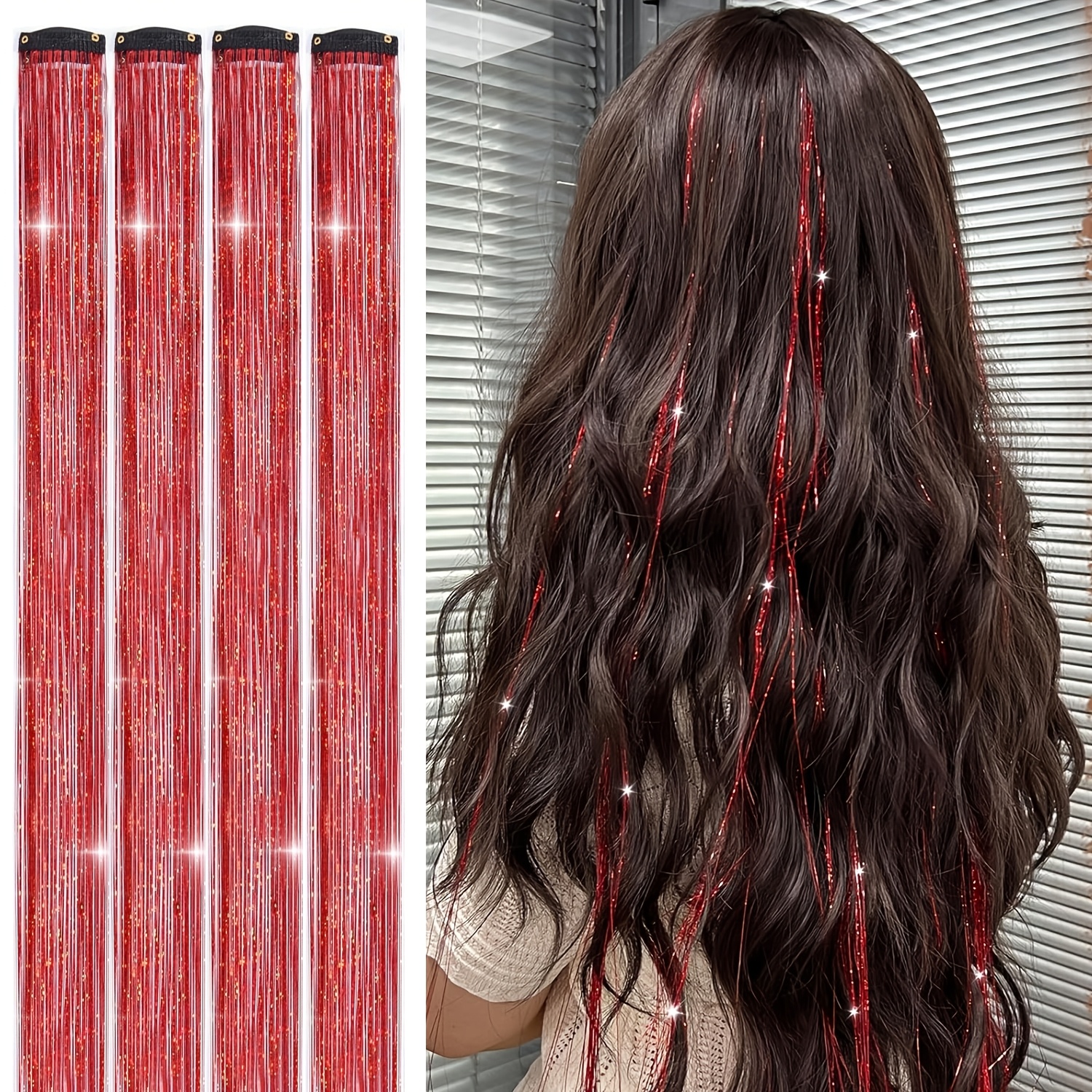 TEMU 4-pack Hair Tinsel Clip-in Extensions | 24-inch High Temperature Fiber, Heat Resistant, Shiny Sparkly For Straight Hair