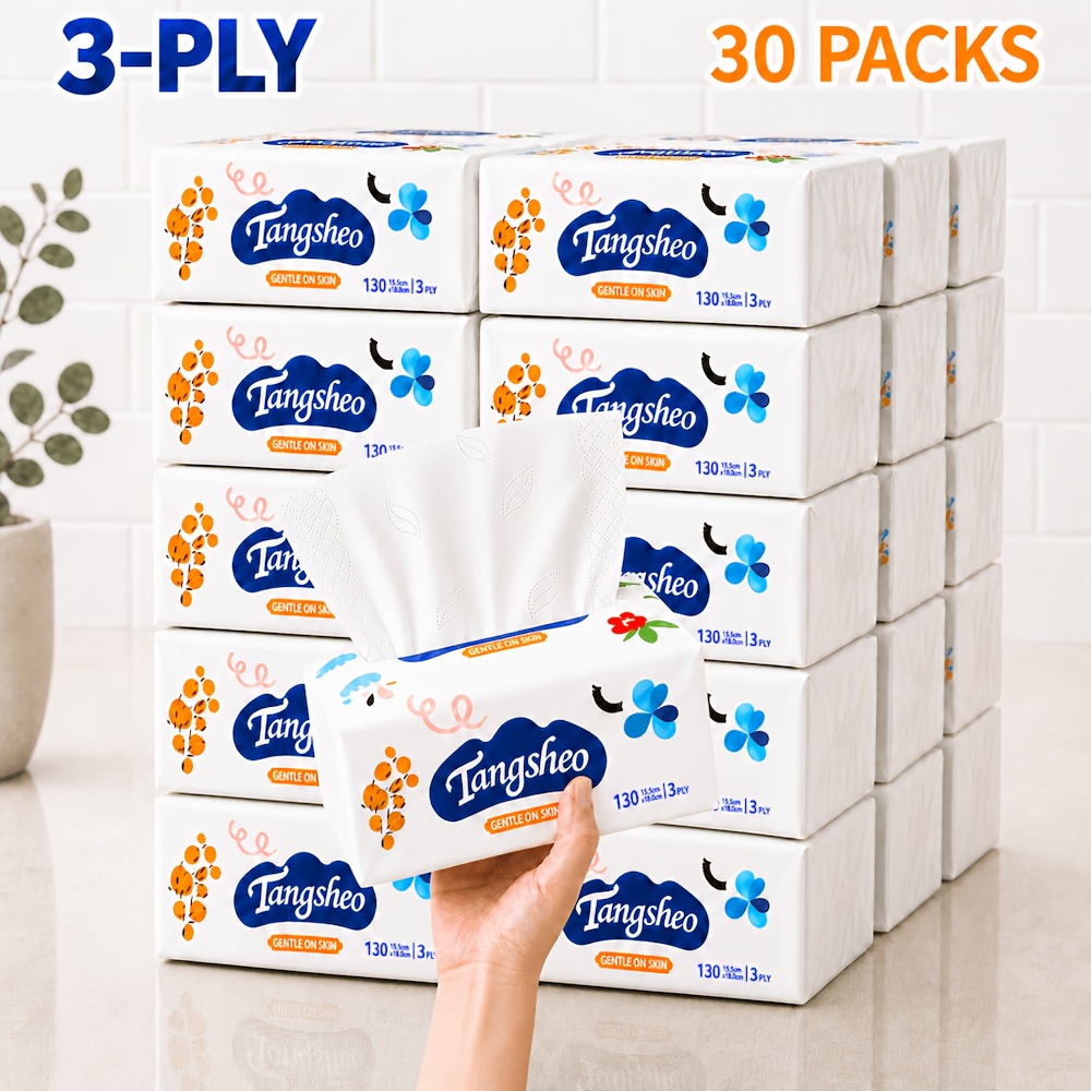 TEMU 30-pack 3-ply Facial Tissues, 130 Tissues Per Pack, 6.1 X 7.1 Inches (15.5 X 18 Cm), , Strong And Absorbent, For Home, Office, And Travel