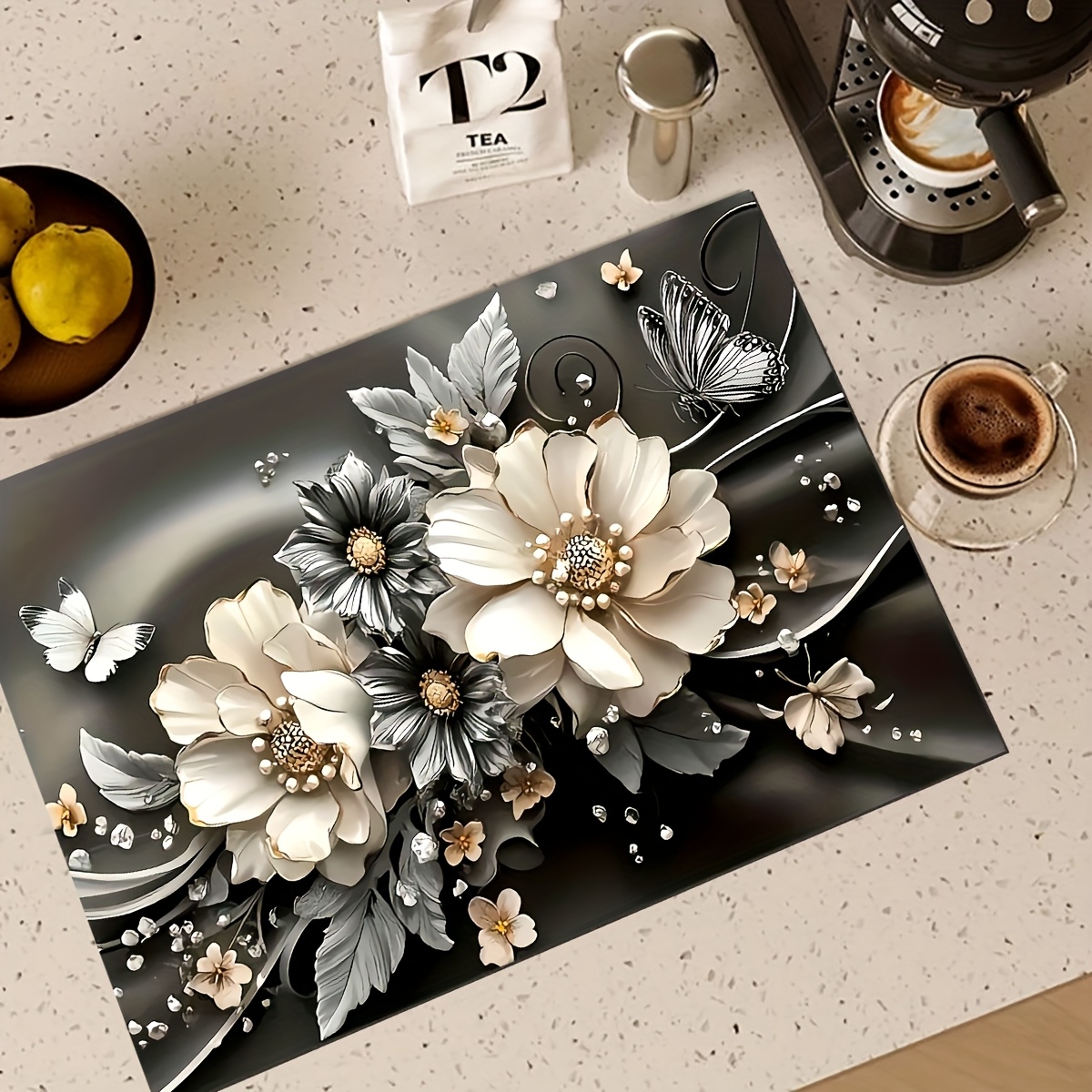 TEMU 1pc - Exquisite Floral Pattern Absorbent Drying Mat, New Kitchen Countertop Non-slip Mat, Soft Washing Machine Lid Pad, Earth Table Mat, Coffee