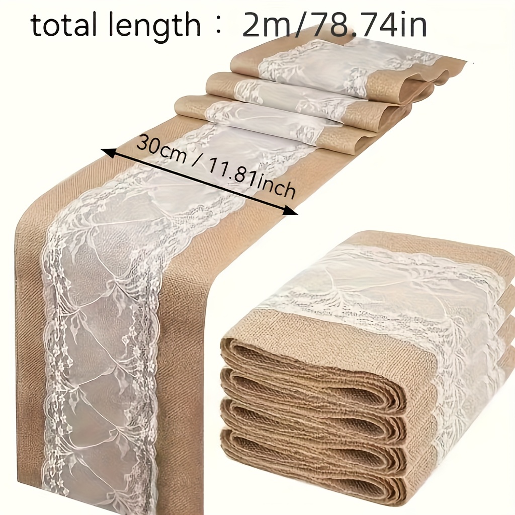 E-shop 30 cm breiter x 2 m langer Tischläufer aus natürlichem Jute-Sackleinen mit Spitze – Rustikaler Jute-Rollen-Tischläufer für Hochzeit, Party-Deko,