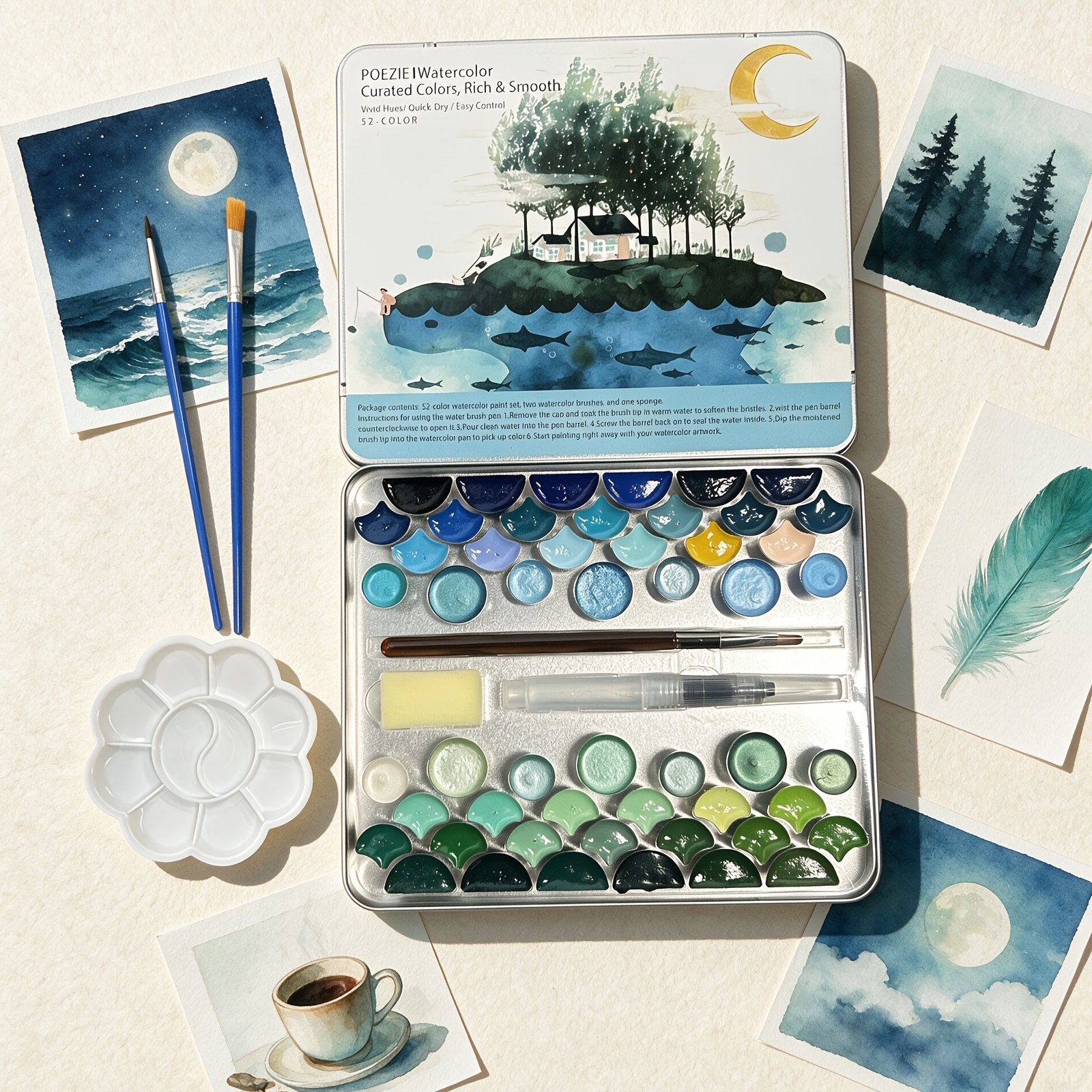 TEMU Ensemble de palette d'aquarelle solide portable 52 couleurs, sac à outils d'aquarelle , 3 pinceaux, 1 pinceau à eau, 1 éponge et 1 palette,