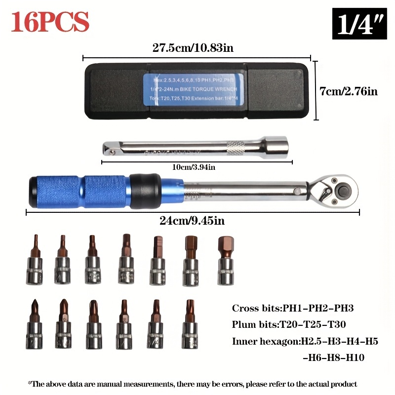 TEMU 16pcs Torque Wrench Set - 72-tooth Ratchet Head Auto Repair Tools Bicycle Motorcycle Repair Tool Torque Adjustment 2-24n.m Portable Storage Set