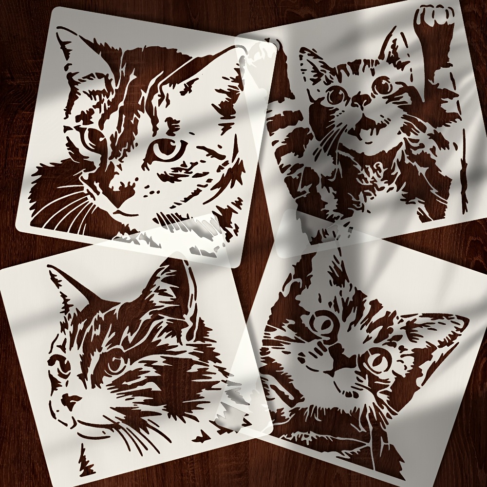 TEMU 4pcs Set Of Head Hollow-out Painting Stencils, Featuring Realistic Of Tabby And Calico Cats In Poses With Different . Flexible, Washable, And