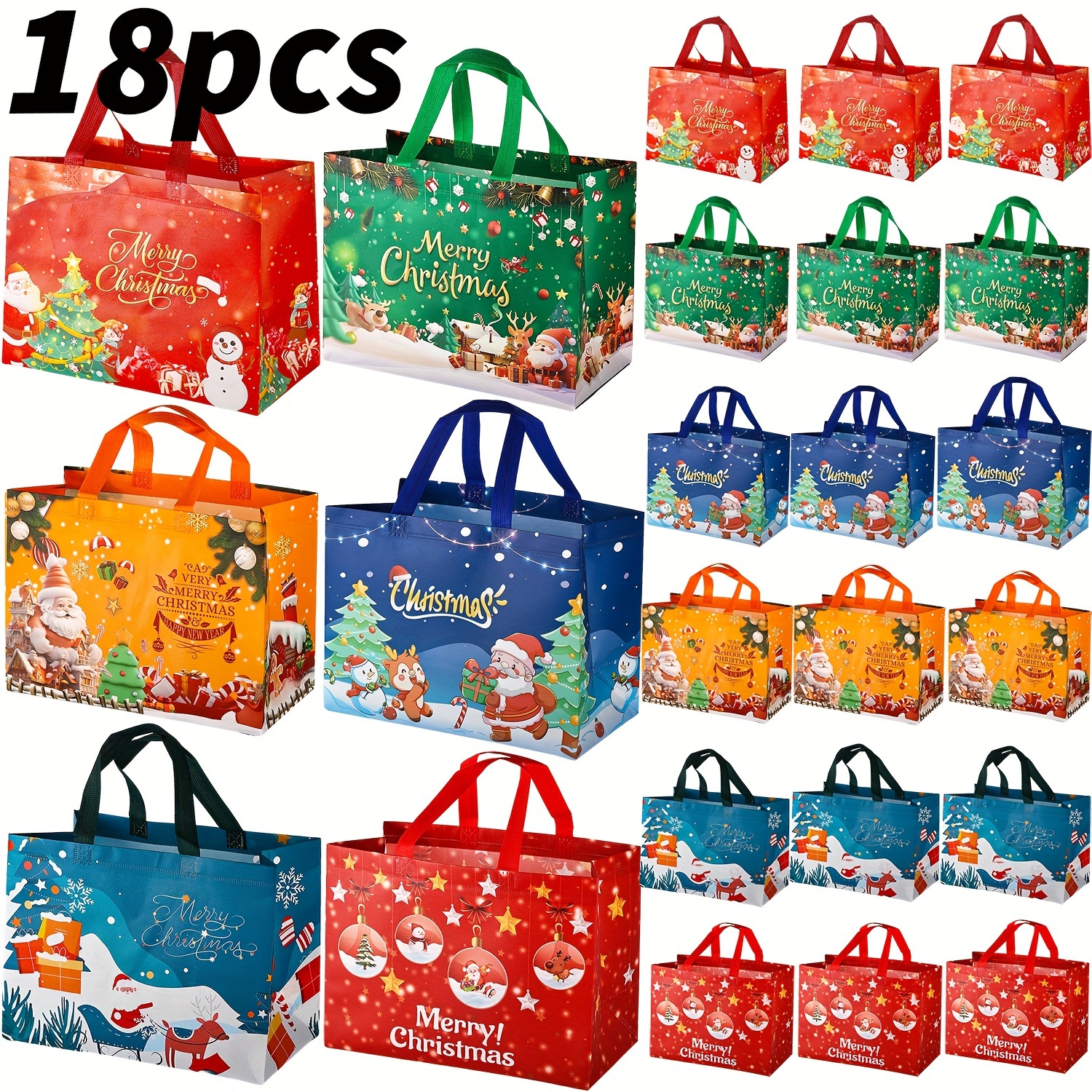 Image of 18pcs Large Christmas Gift Bags With Handles, Reusable Non-woven Christmas Tote Bags For New Year And Christmas Decoration Party Supplies, 12.8" X 9.8" X 6.7