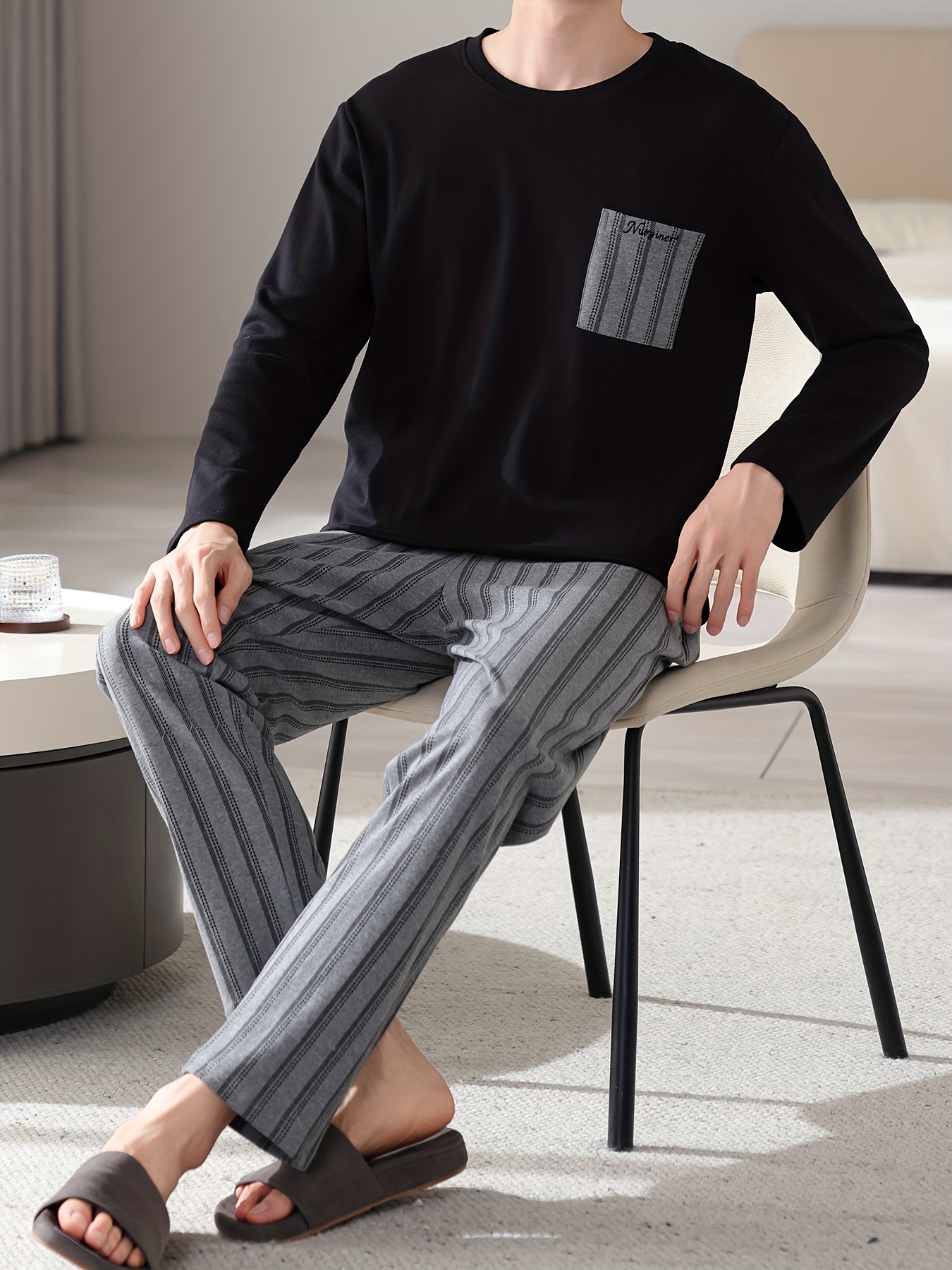 1set Men'S Casual Cotton Pajama Set, Long Sleeve Round Neck Sleepwear with Pockets, Loose Fit Knitted Pullover for Spring/Autumn - Comfortable Thin Cotton Outfit