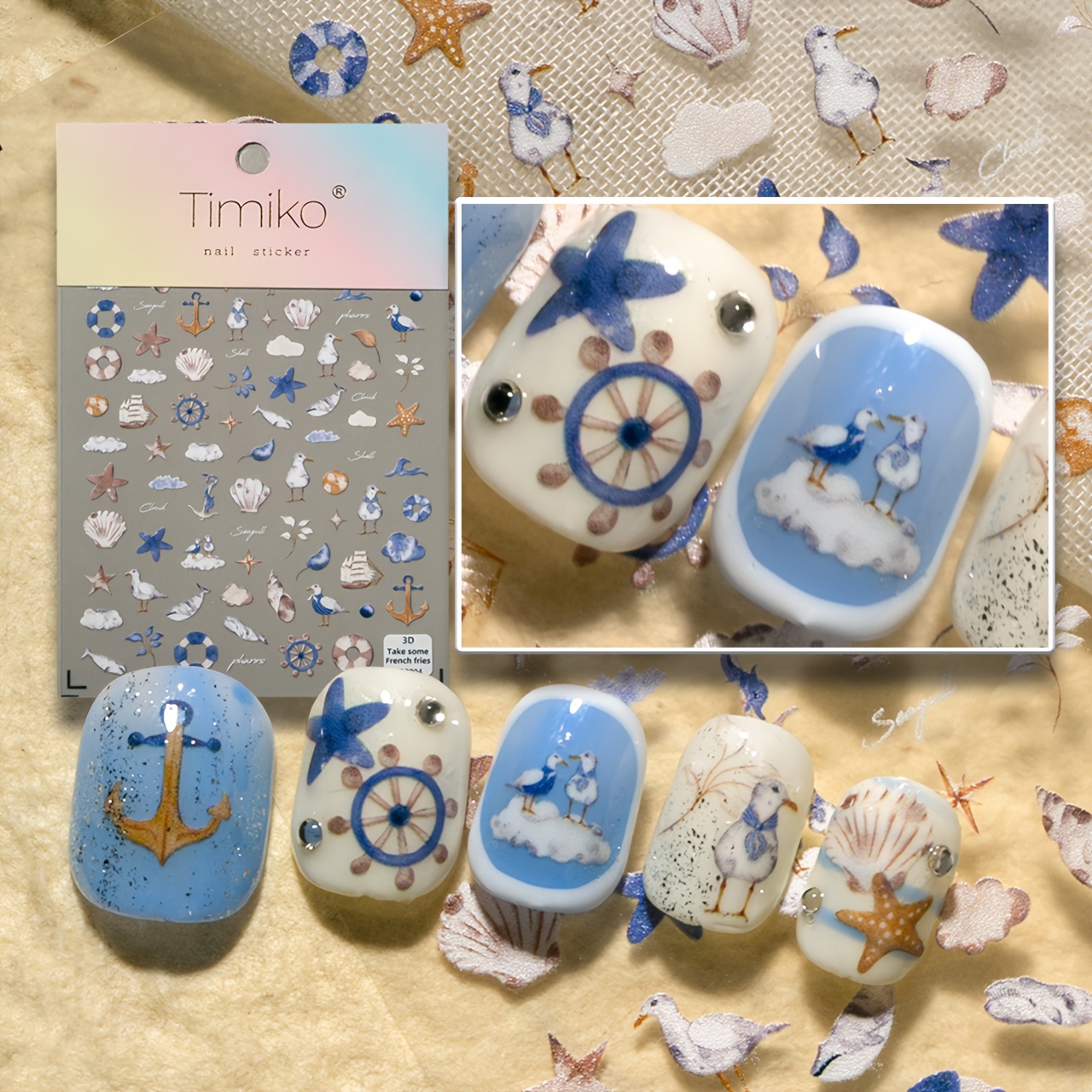 Image of Ocean Beach Style For Nail Sticker, Ocean Theme, Series, Beach , With Boat Anchor, Starfish, Shell, Seagull, , Graphics, Suitable For Nail Enthusiasts, Fashionable Women, ' Use