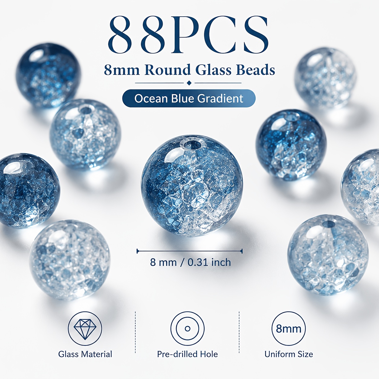 Image of 88pcs Blue And White Glass Sparkling Round Beads With Perforated Beads Suitable For Bracelet, Necklace Jewelry Making Additions, Decorative Beads, Bulk Beads