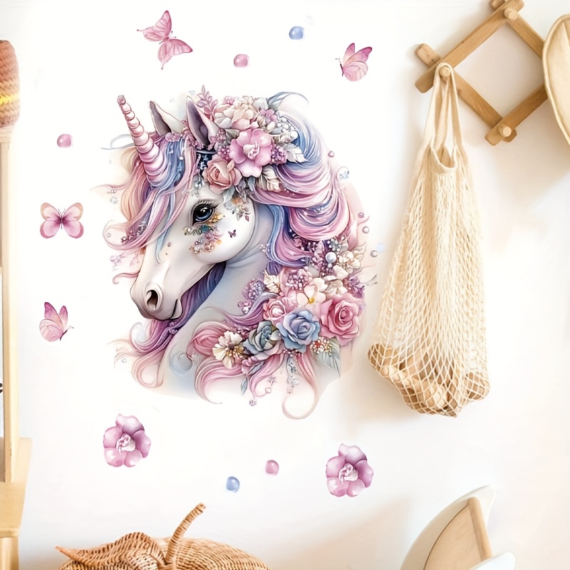 Image of Animated Pink Unicorn Stickers, Self-adhesive Wall Decals For Living Room, Entryway, And Bedroom, Removable Pvc Wall Stickers