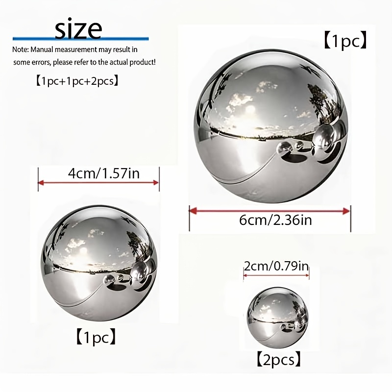 E-shop 4er-Set: 1 groß + 1 mittel + 2 Edelstahl-Spiegelglanz 360-Grad-reflektierende Kugelornamente, Schreibtisch-Dekorationskugeln, hohle