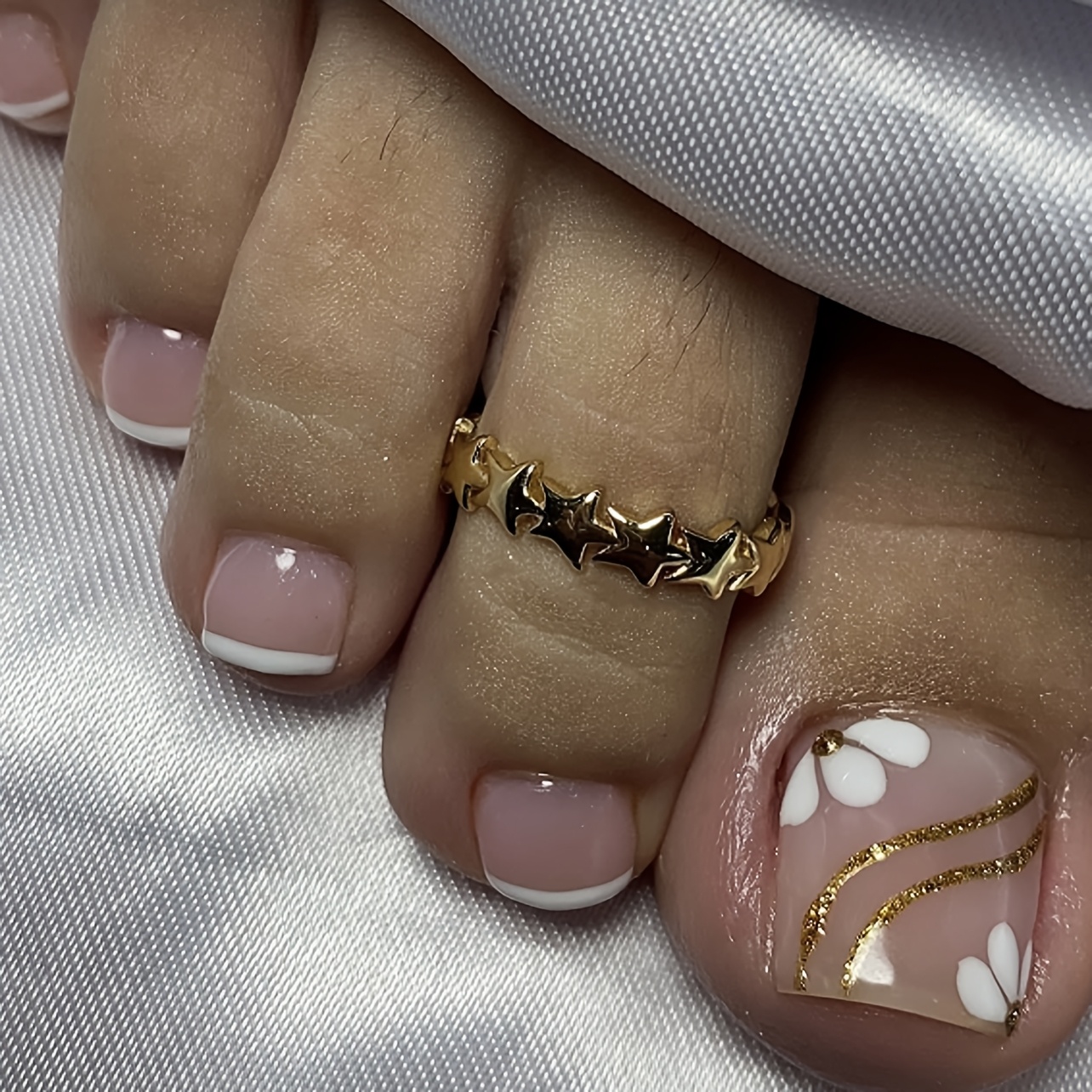 E-shop 24 Stück Französische Weiße Zehennägel Glitzer Wellenlinien Kunst Zehennägel Sommer Modell Aufdrückbare Zehennägel Maniküre Set Enthält 1 Blatt
